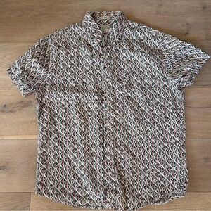 J. Crew 100% linen button up collared shirt all over print tropical beach - L